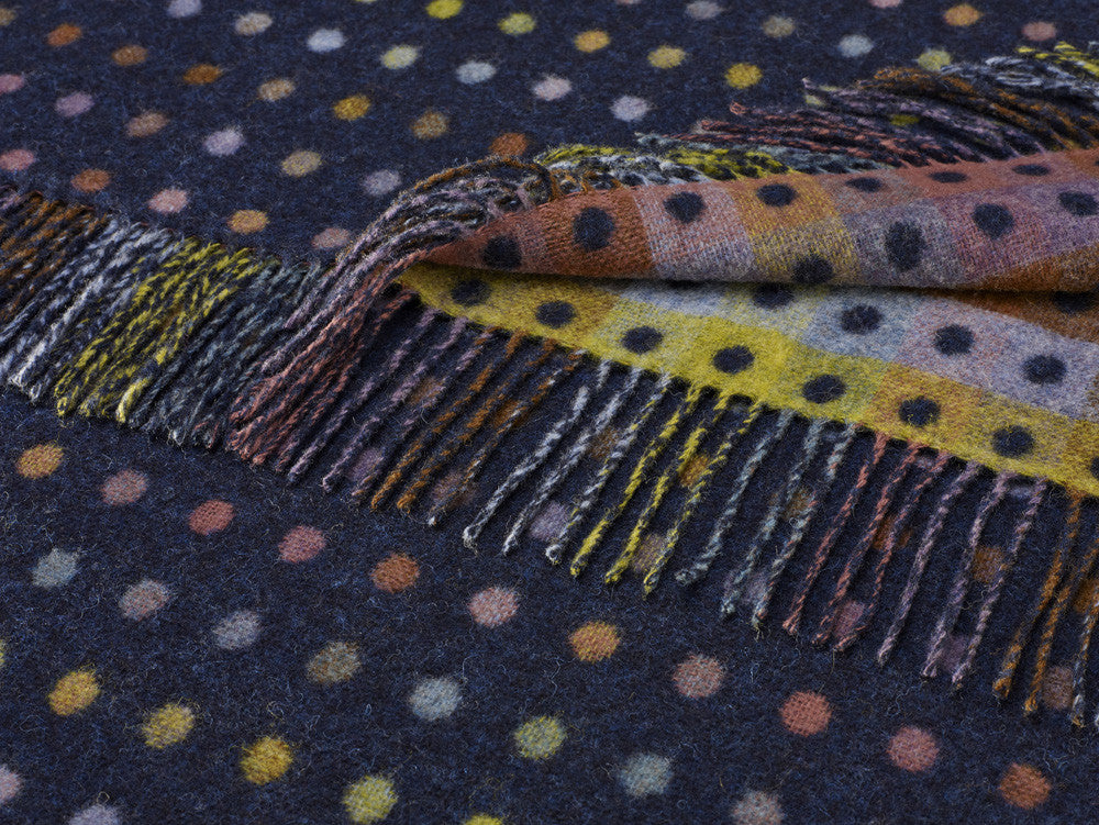 Arriving shortly the beautiful 100% Merino wool Multi Spot throw in Demin.