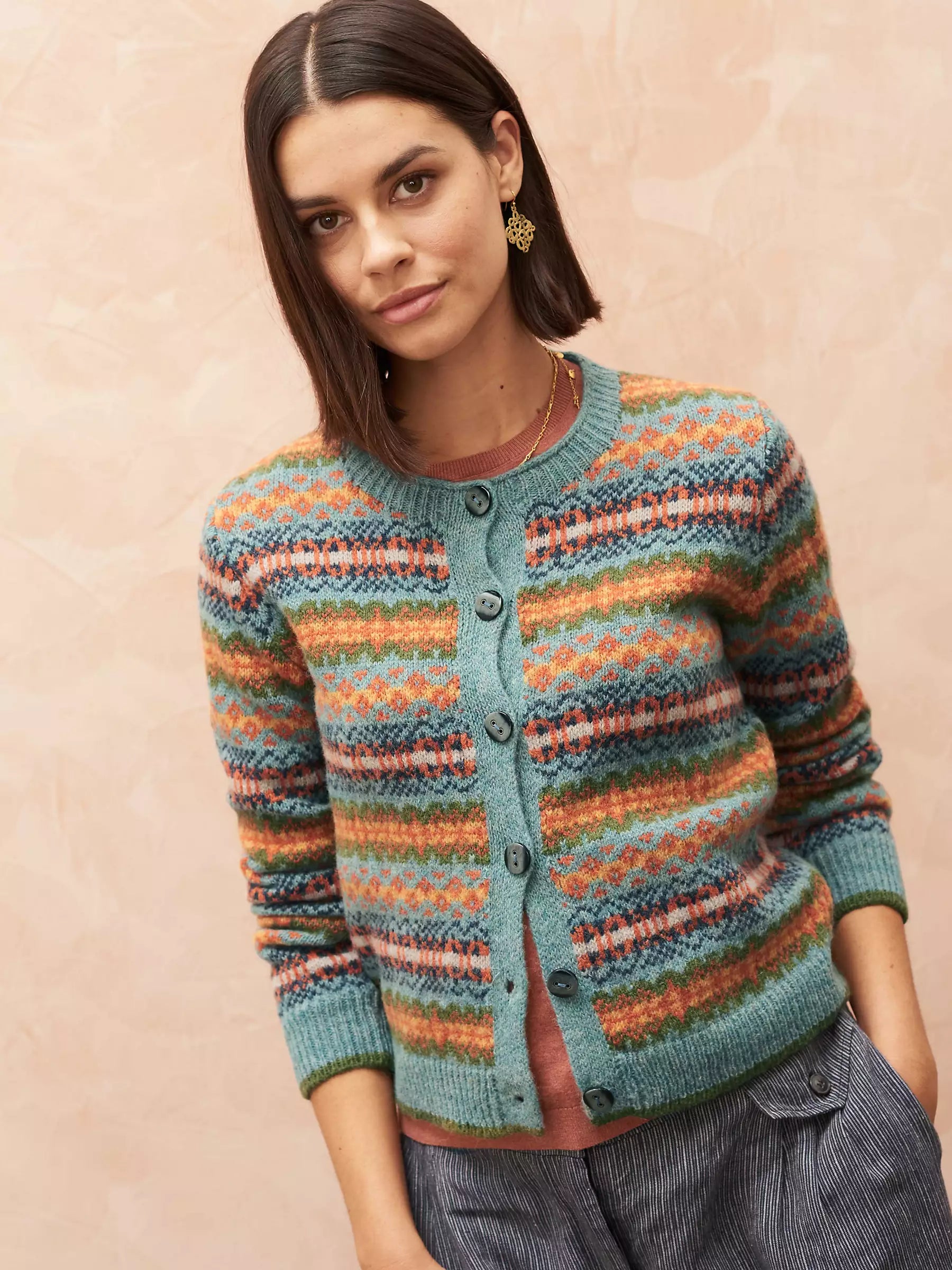 Brora Fair Isle Topaz 100% Wool Cardigan