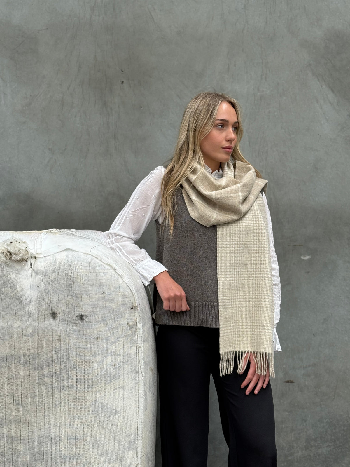 Double Face Windowpane Ecru & Natural 100% Merino Scarf