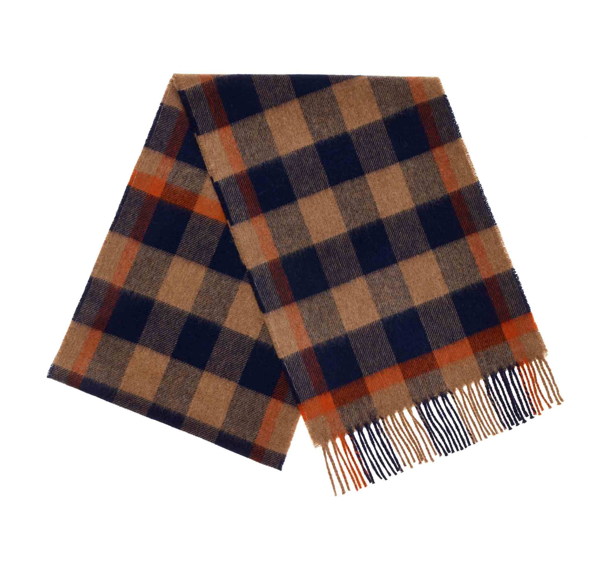 Block Check Navy & Orange 100% Merino Scarf
