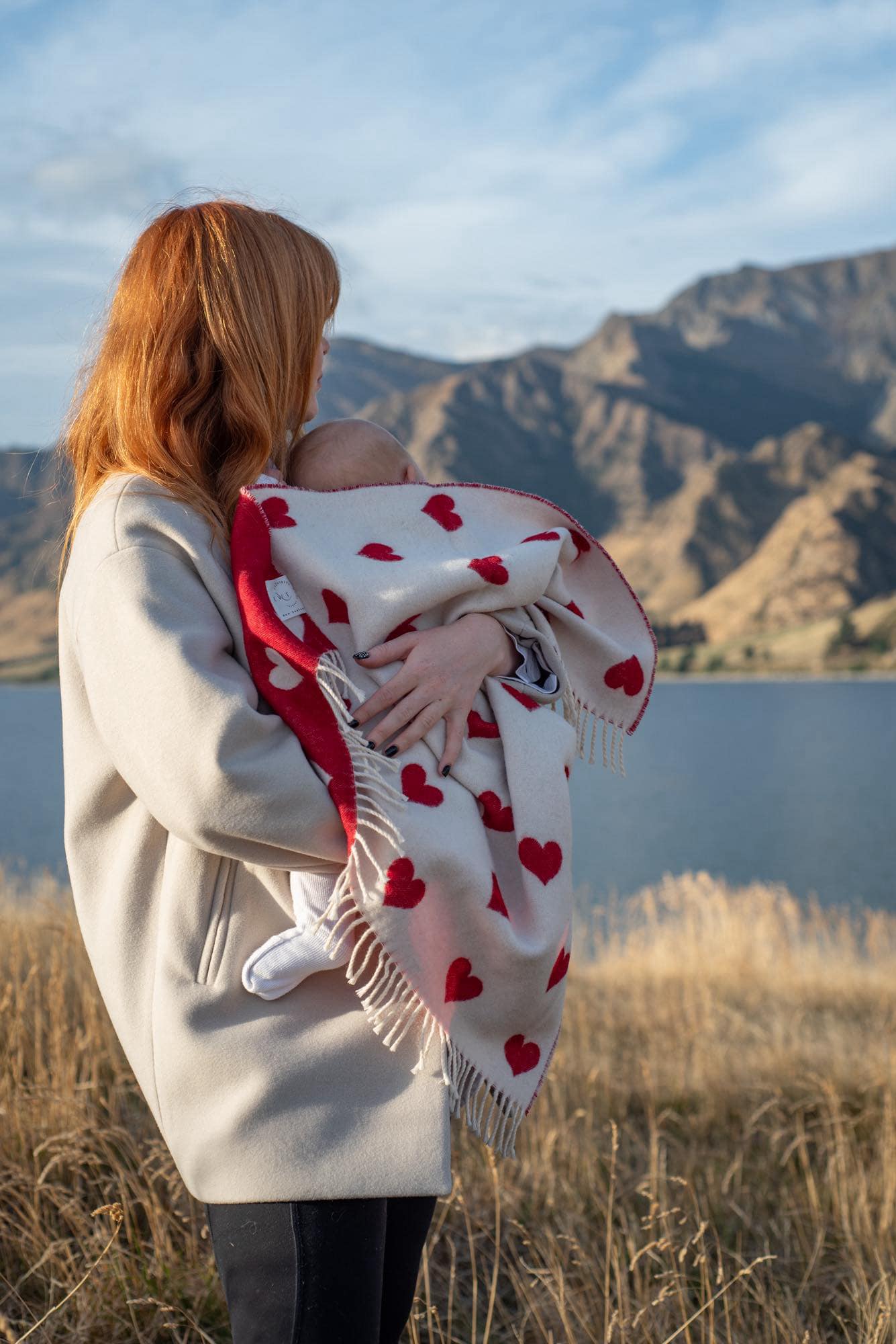 Hearts Baby Blanket Red & White 100% Merino
