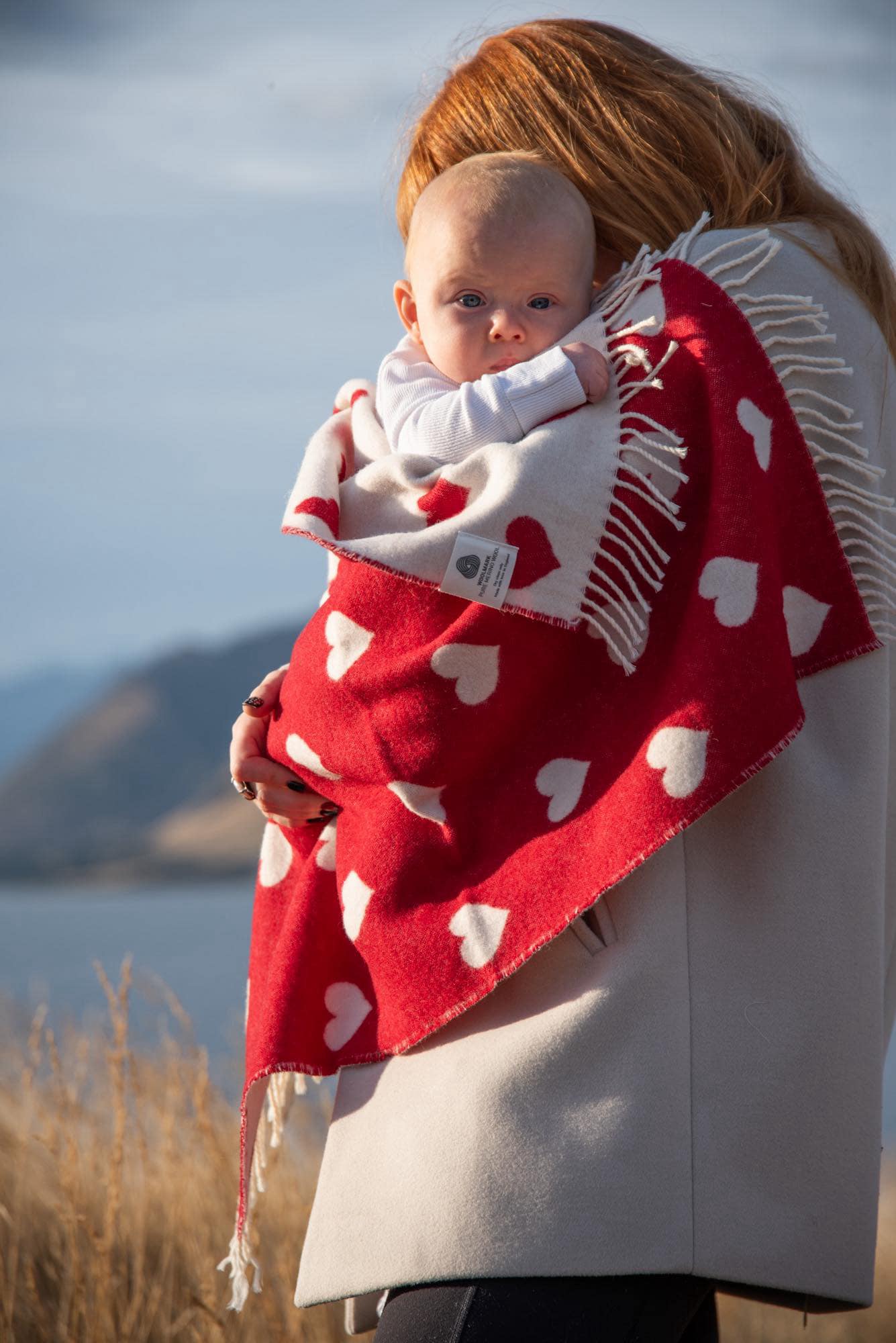 Hearts Baby Blanket Red & White 100% Merino