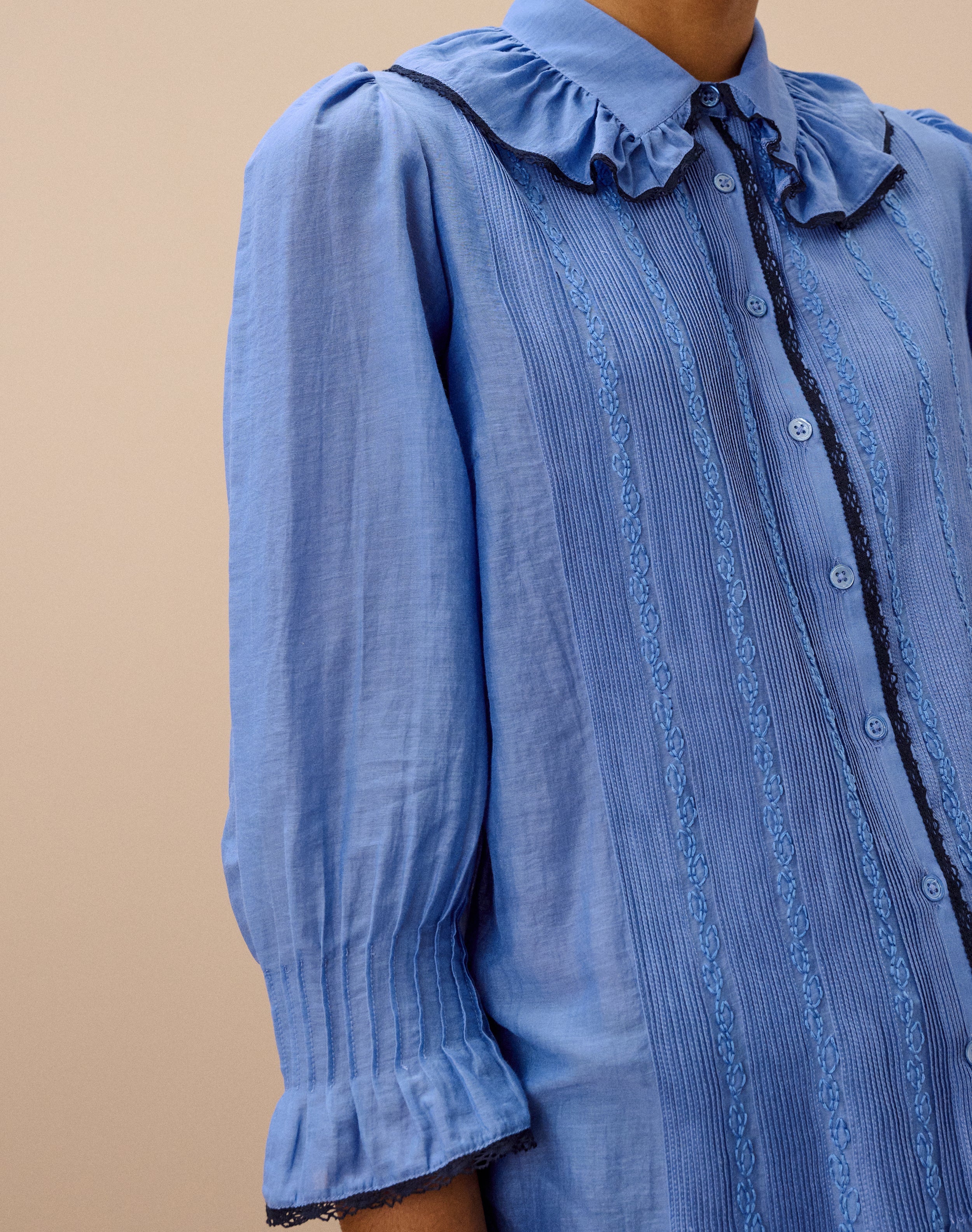 Brora Silk Cotton Frill Collar Shirt - China Blue