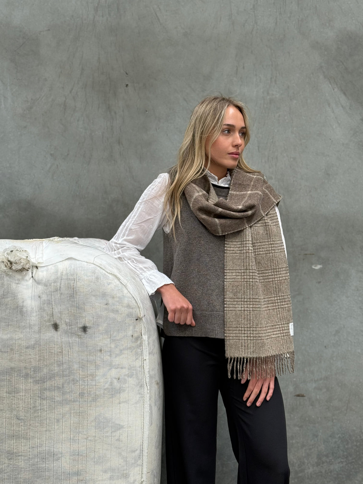 Double Face Windowpane Fawn & Natural 100% Merino Scarf