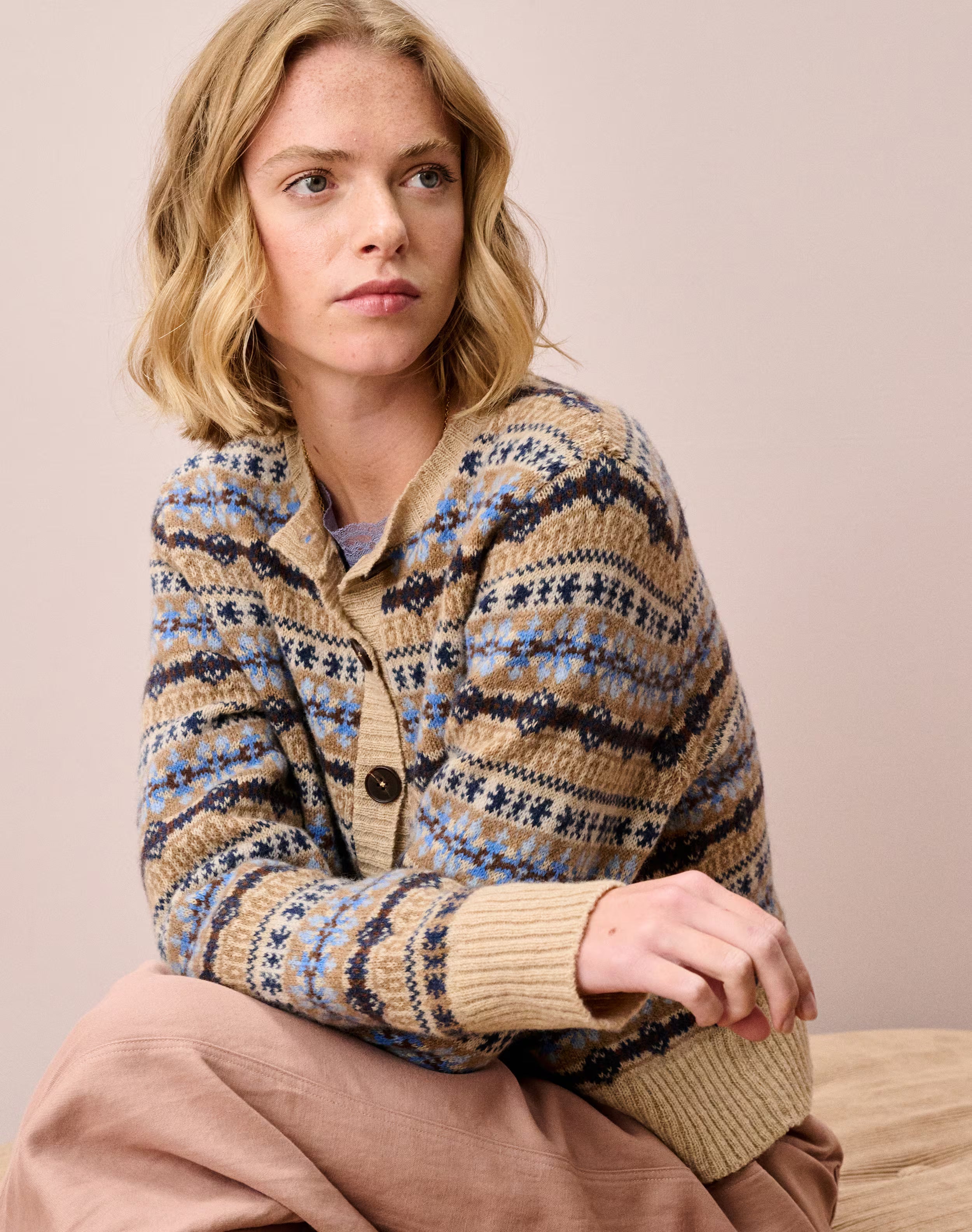 Brora Merino Lambswool Fair Isle Oatmeal Cardigan