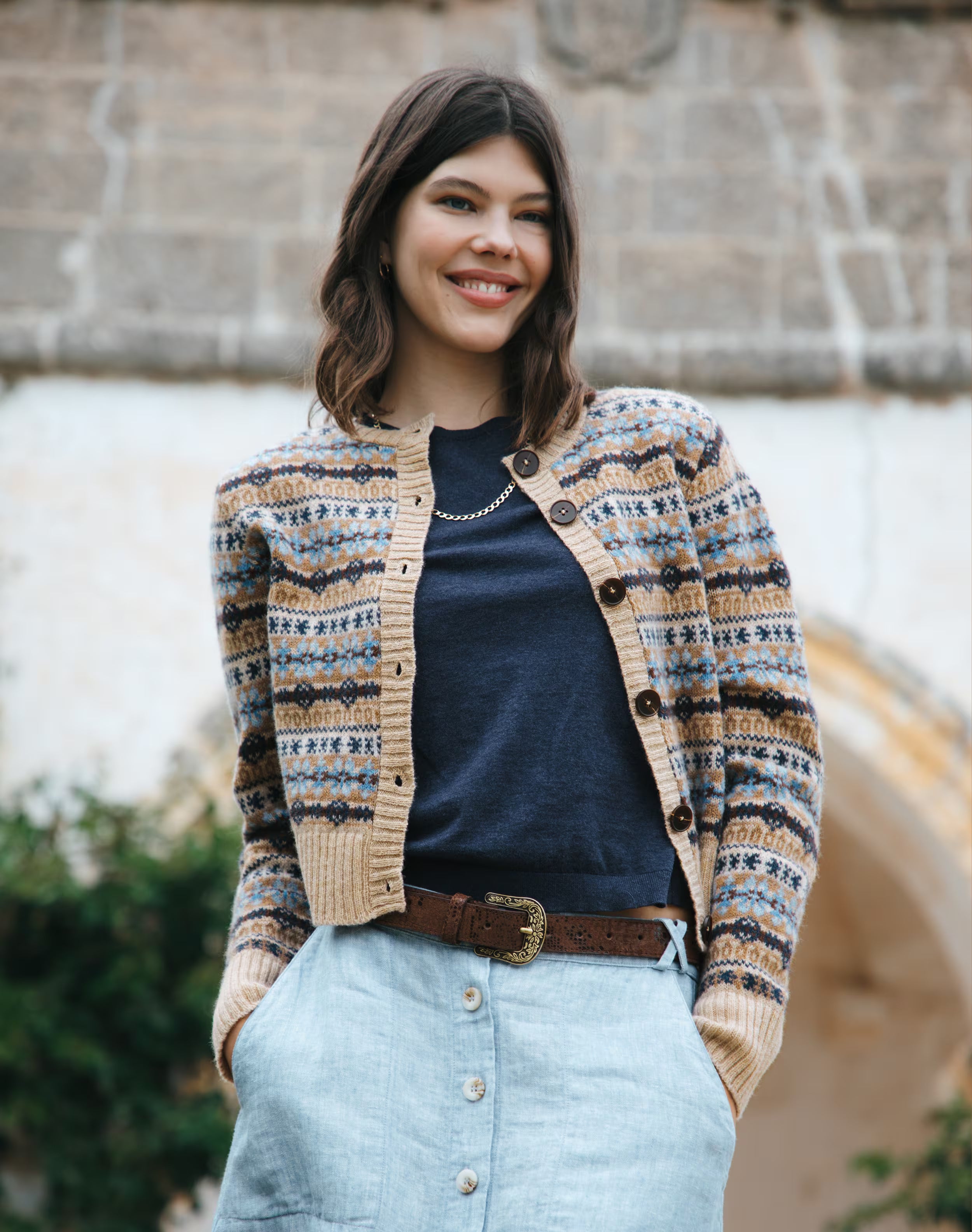 Brora Merino Lambswool Fair Isle Oatmeal Cardigan