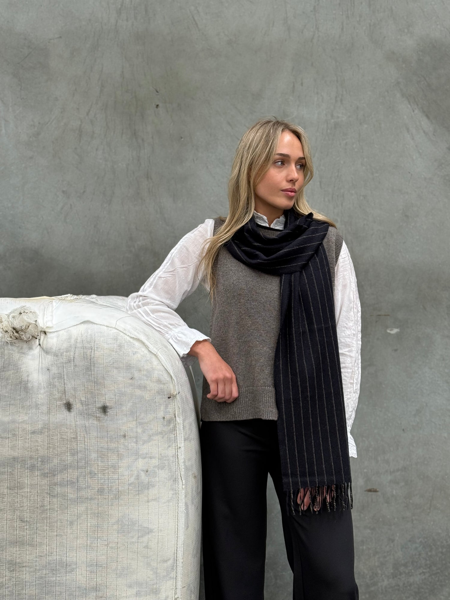 Chalk Stripe Navy 100% Merino Scarf
