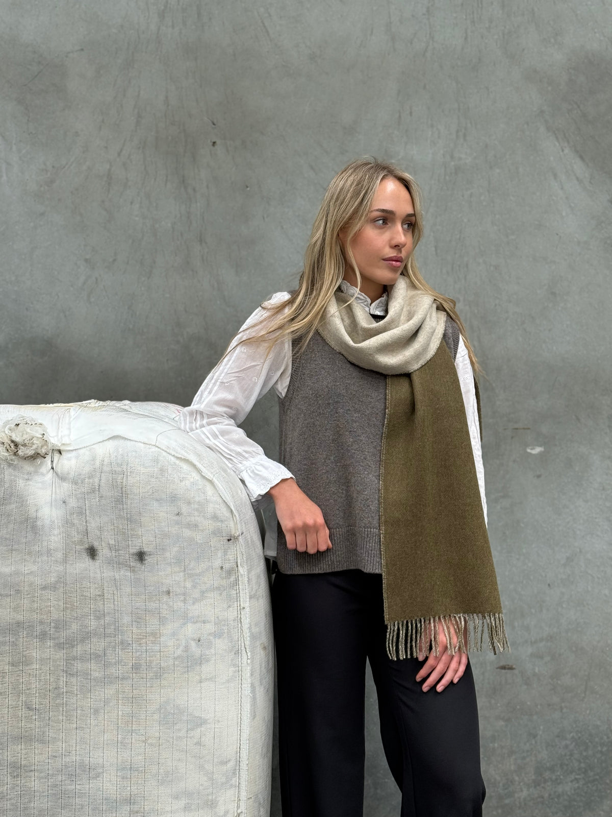 Double Face Army Green &amp; Natural 100% Merino Scarf