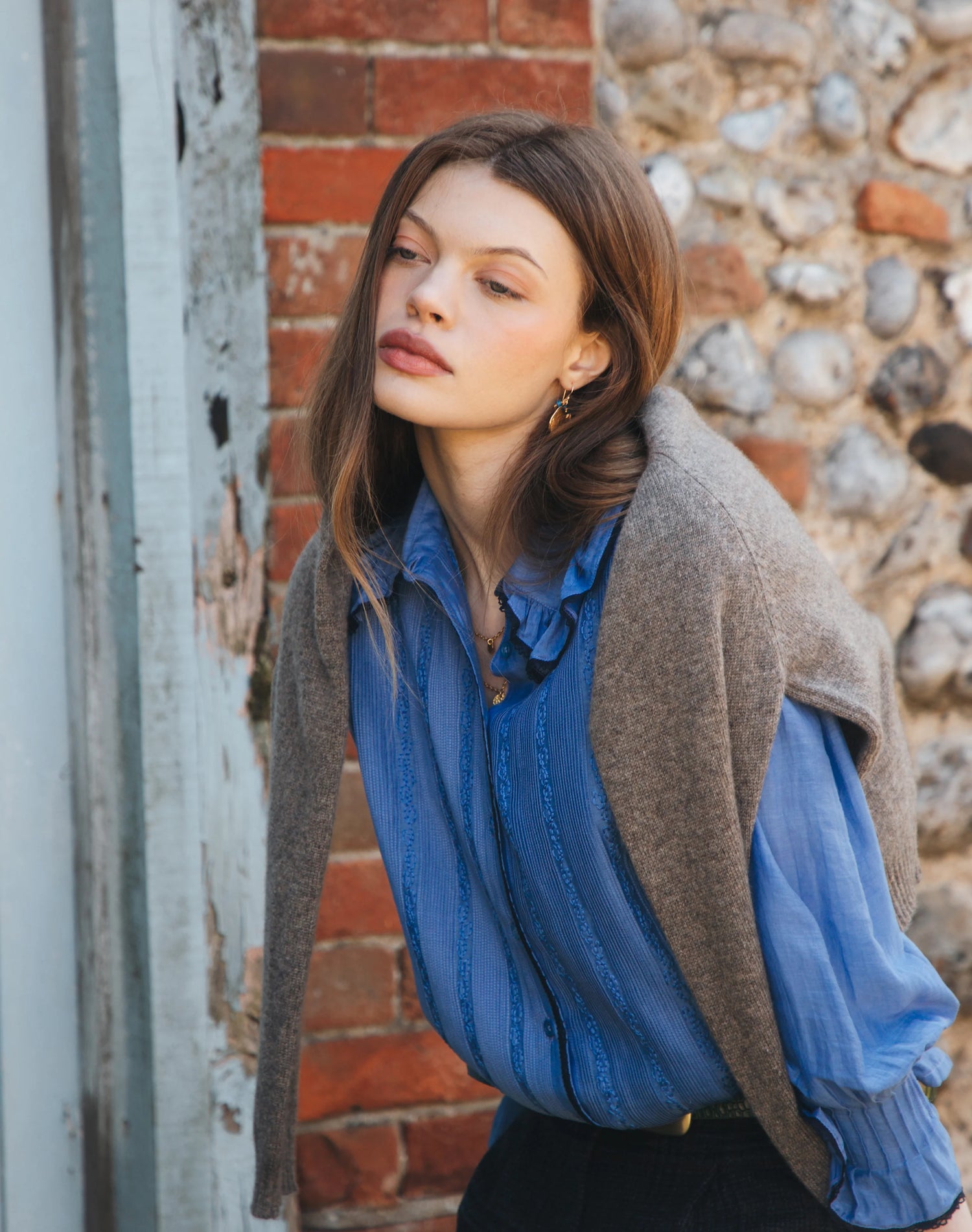 Brora Silk Cotton Frill Collar Shirt - China Blue