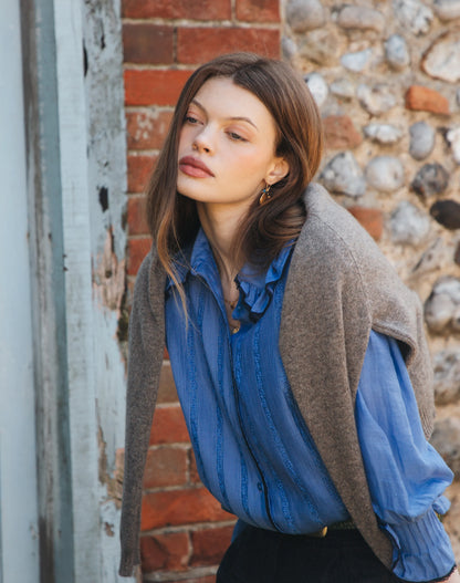Brora Silk Cotton Frill Collar Shirt - China Blue