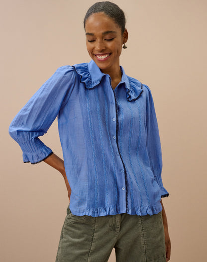 Brora Silk Cotton Frill Collar Shirt - China Blue