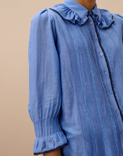 Brora Silk Cotton Frill Collar Shirt - China Blue