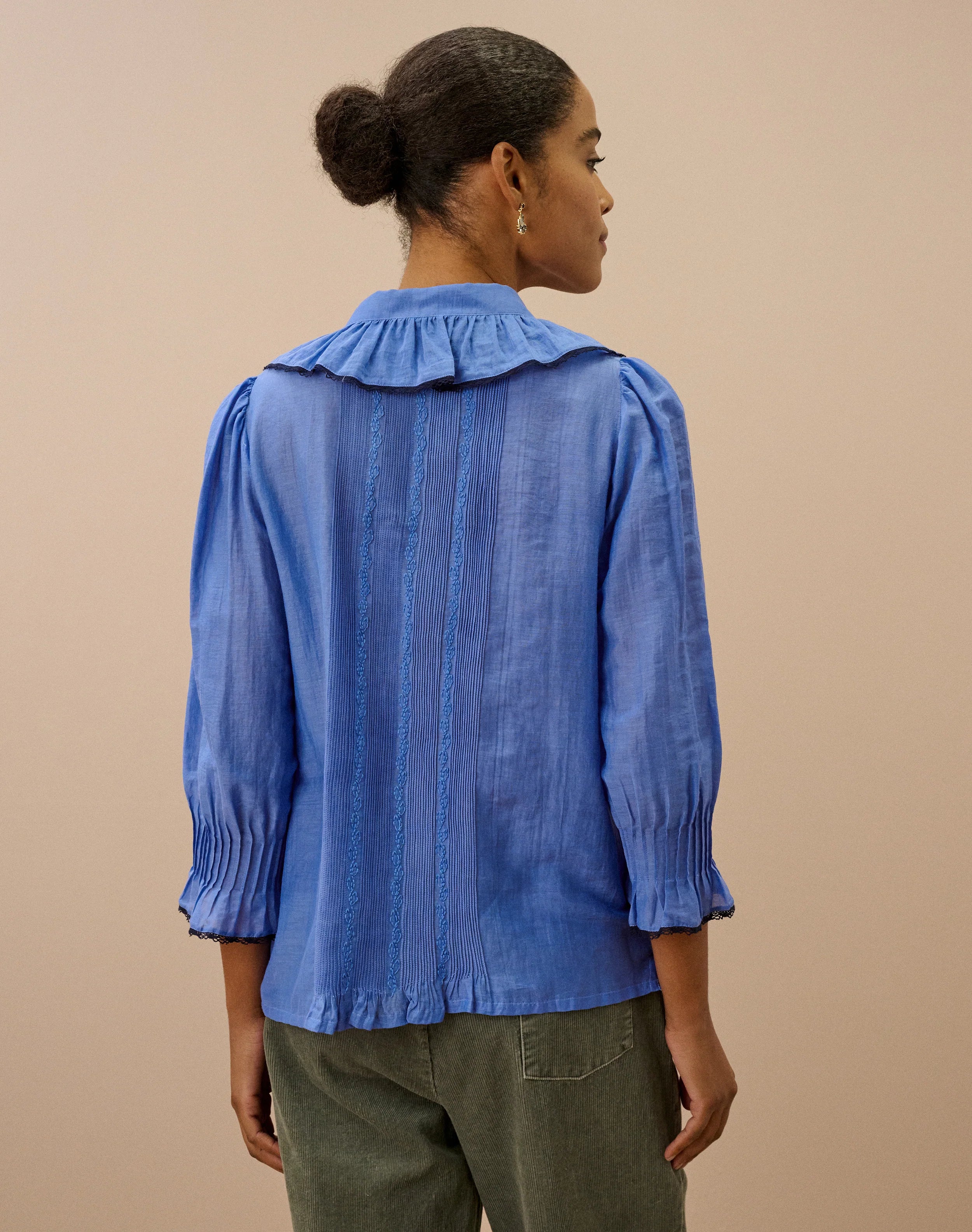 Brora Silk Cotton Frill Collar Shirt - China Blue