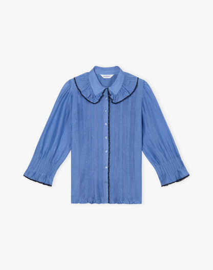 Brora Silk Cotton Frill Collar Shirt - China Blue