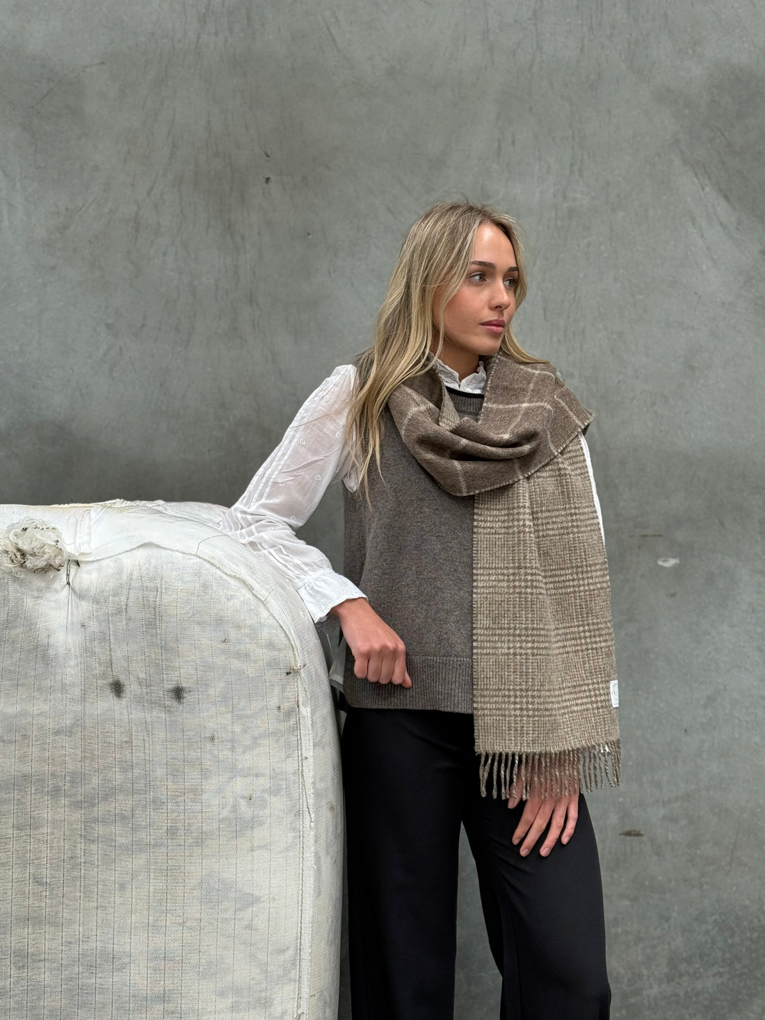 Windowpane Fawn &amp; Natural 100% Merino Scarf