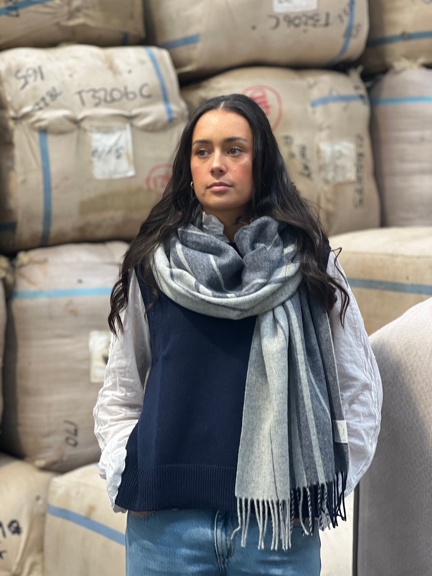 Clarendon Grey &amp; Navy 100% Merino Oversized Scarf - Exquisite Wool Traders