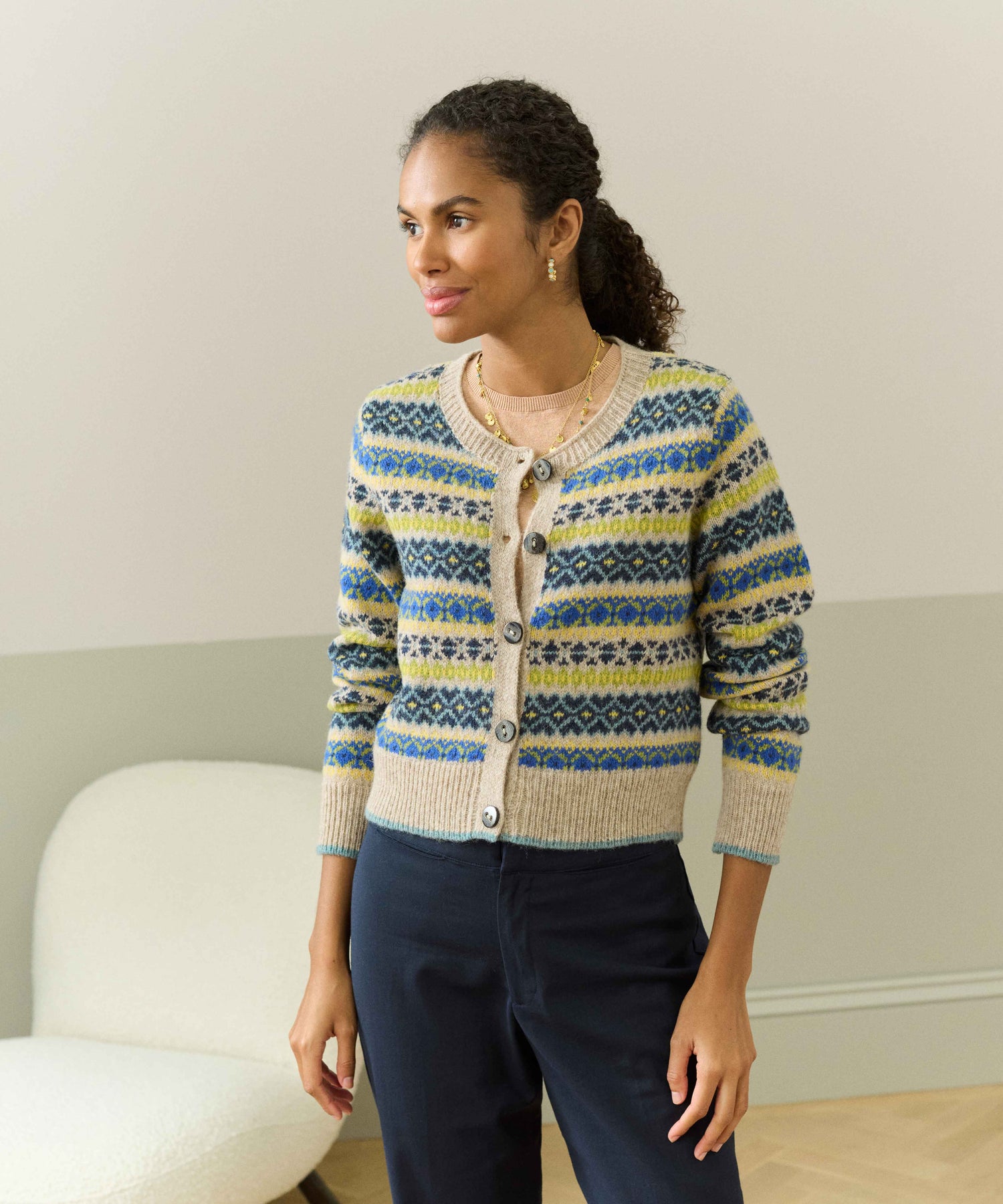 Brora Fair Isle Cardigan - Oatmeal - 100% Pure Wool