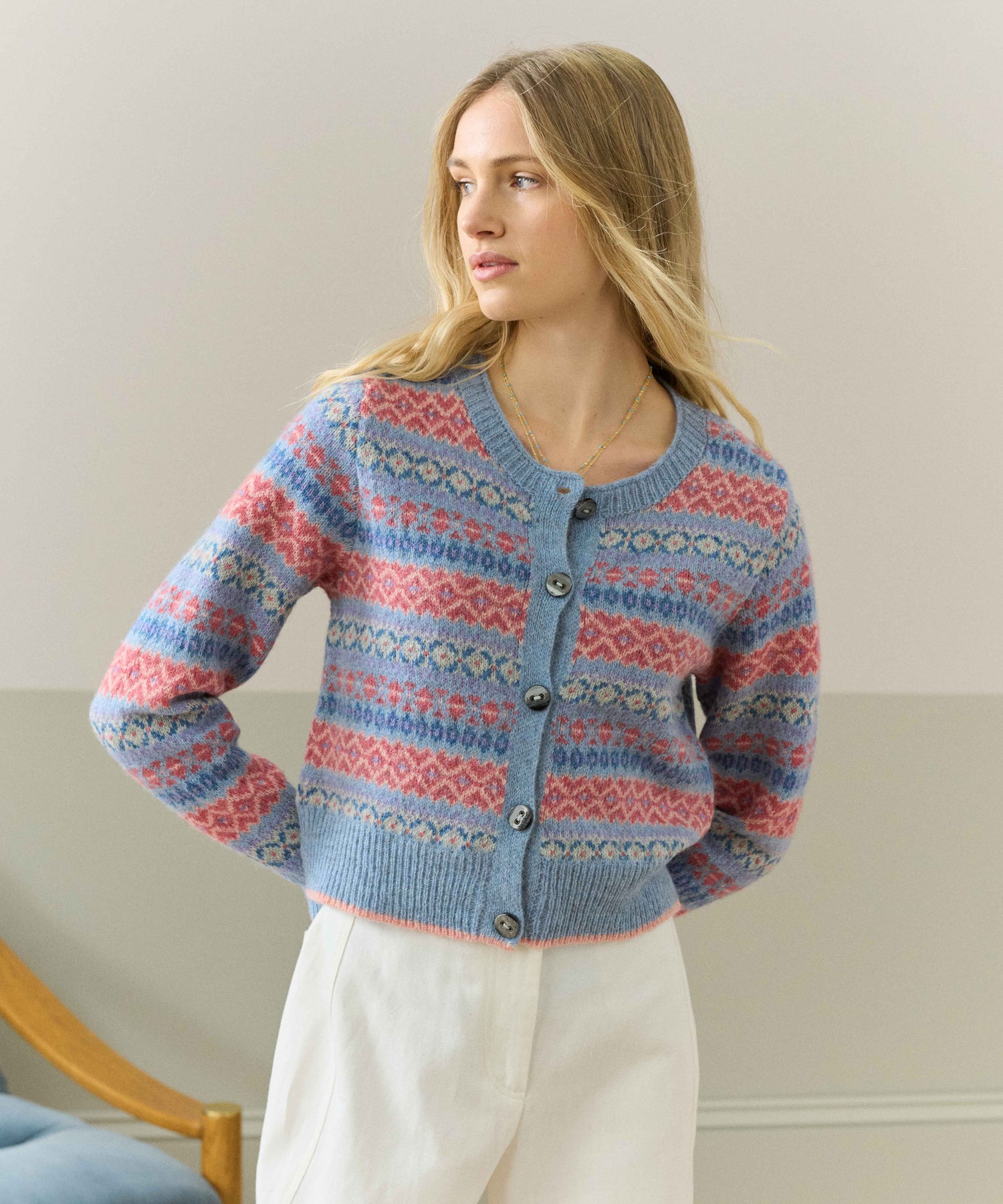 Brora Fair Isle Cardigan - Glacier - 100% Pure Wool