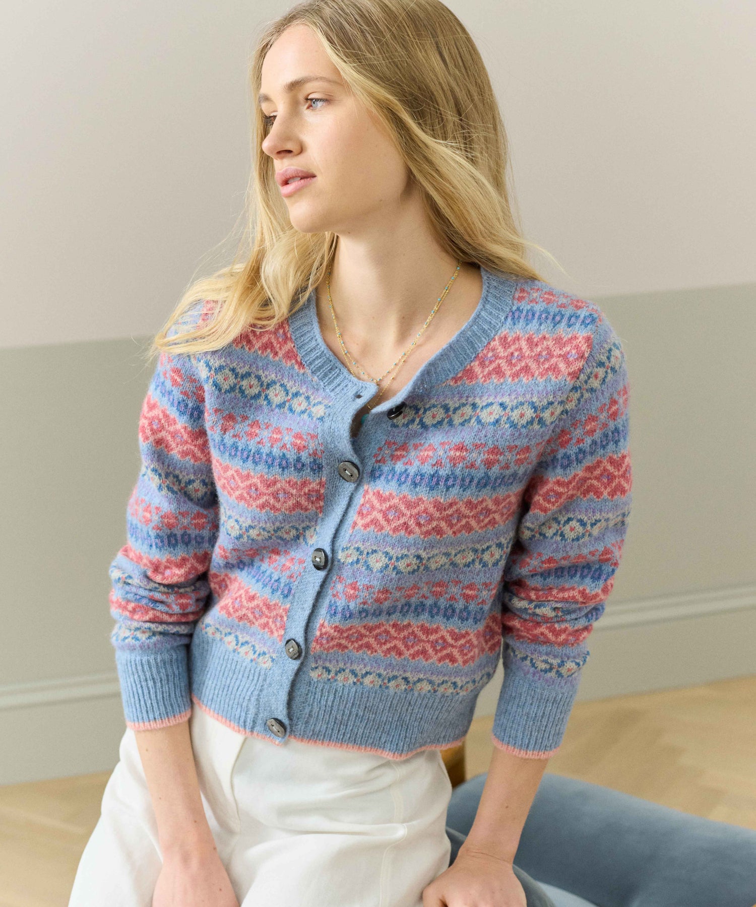 Brora Fair Isle Cardigan - Glacier - 100% Pure Wool