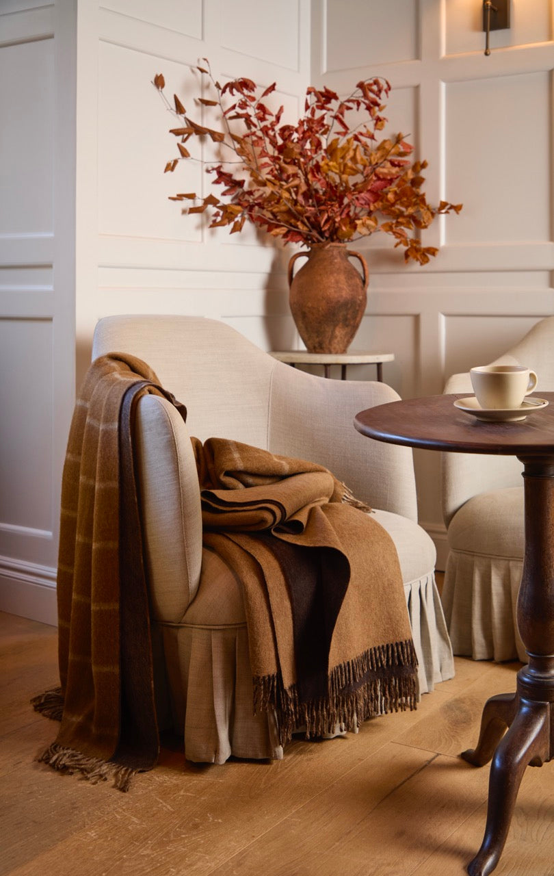 Herringbone Check Camel &amp; Chocolate 100% Merino Throw