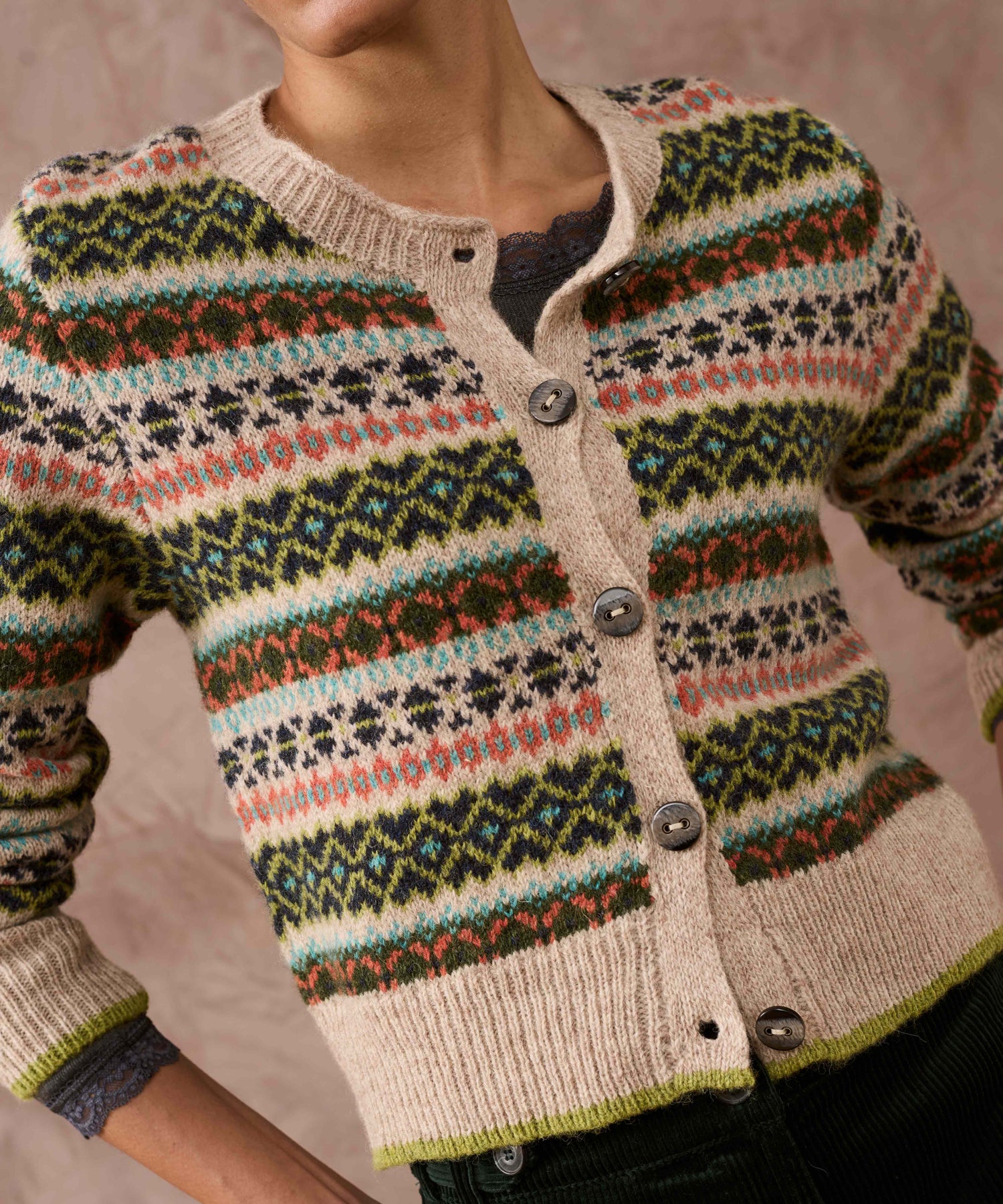 Brora Fair Isle Cardigan - Oak - 100% Pure Wool - Exquisite Wool Traders