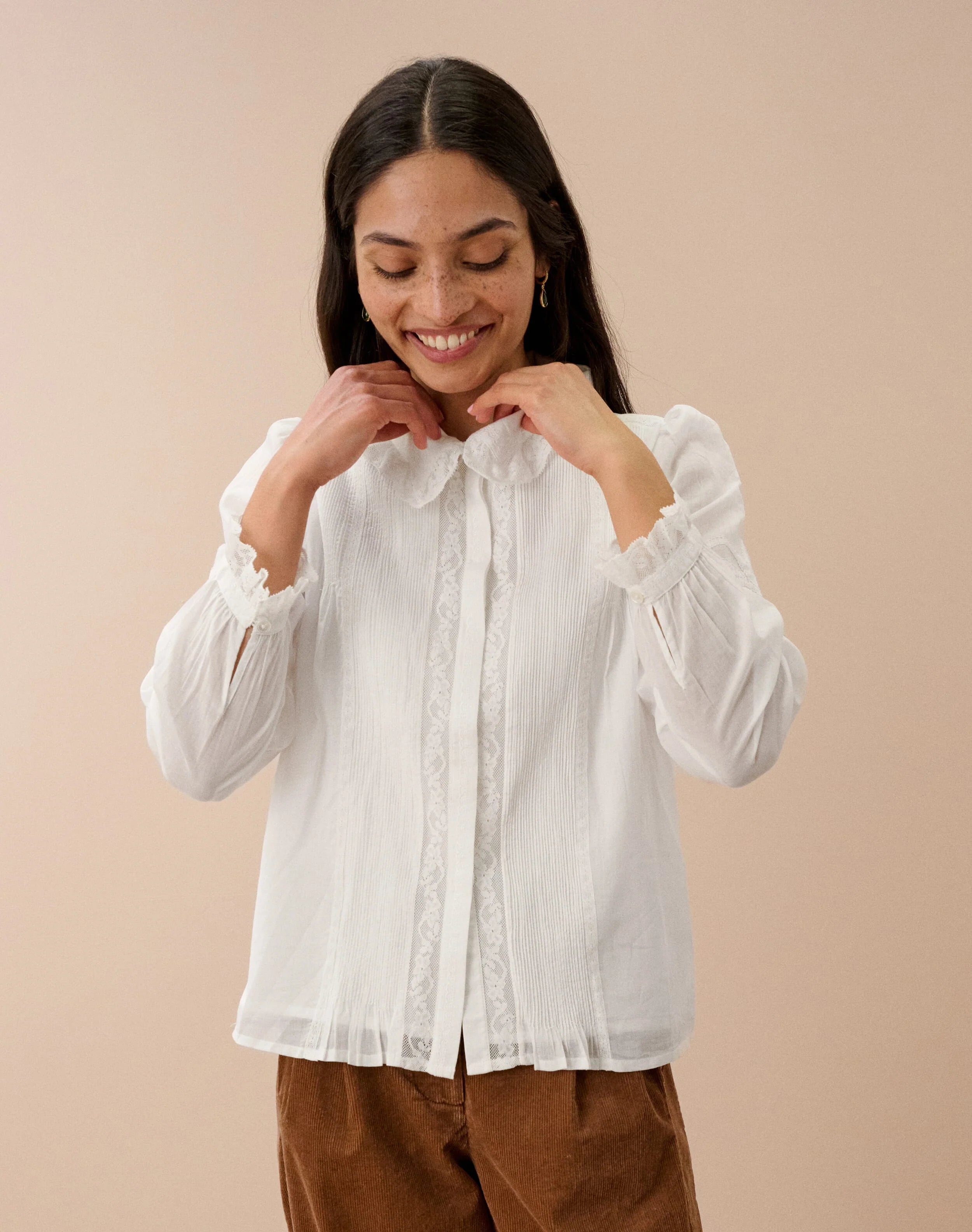 Brora Organic Cotton Lace Trim Blouse - White
