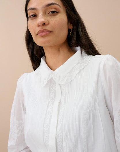 Brora Organic Cotton Lace Trim Blouse - White