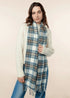 Woman wearing a plaid scarf on a beige background