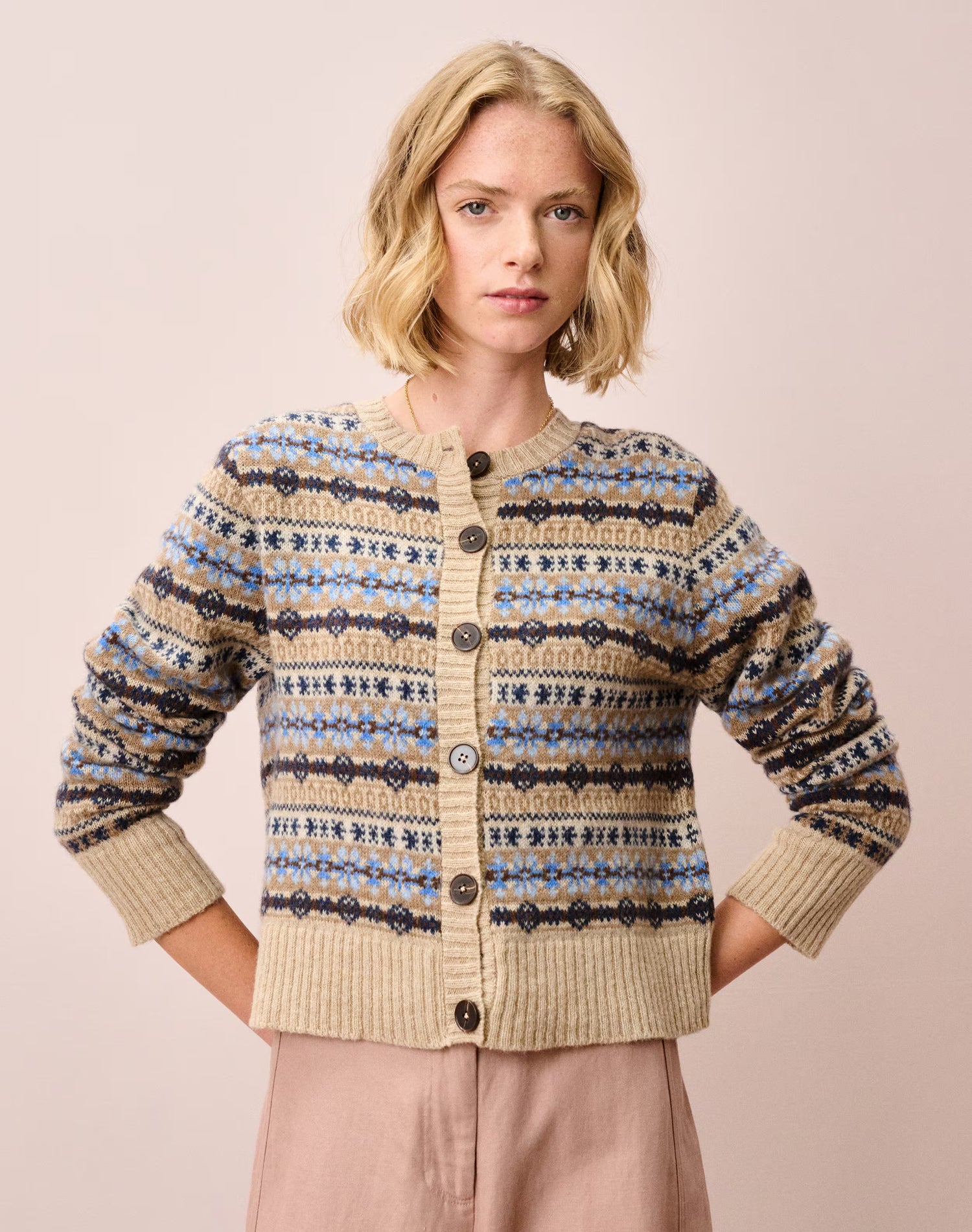 Brora Merino Lambswool Fair Isle Oatmeal Cardigan