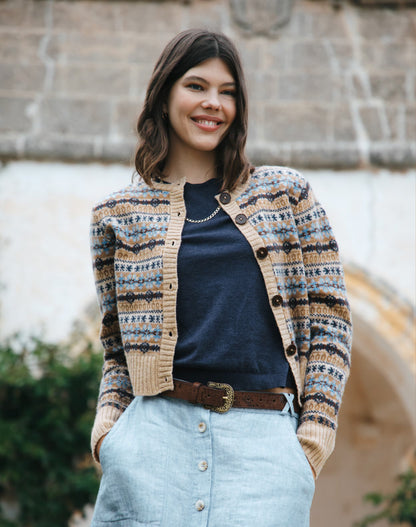 Brora Merino Lambswool Fair Isle Oatmeal Cardigan