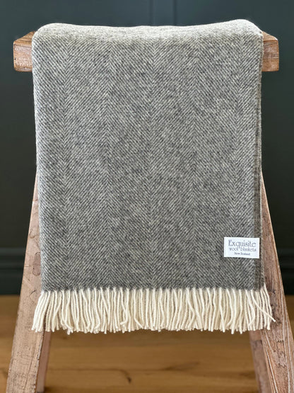 Herringbone Vintage Grey 100% Wool Throw