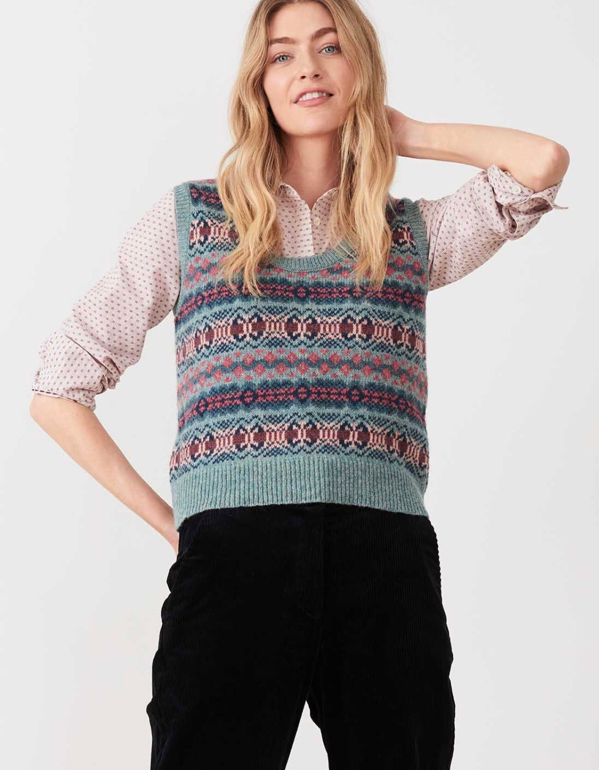 Brora Fair Isle Vest Topaz 100% Wool